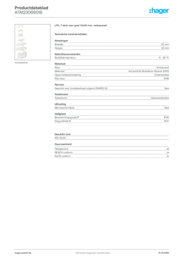 Afbeelding Hager Productdatablad ATA123089016 | Hager Belgium