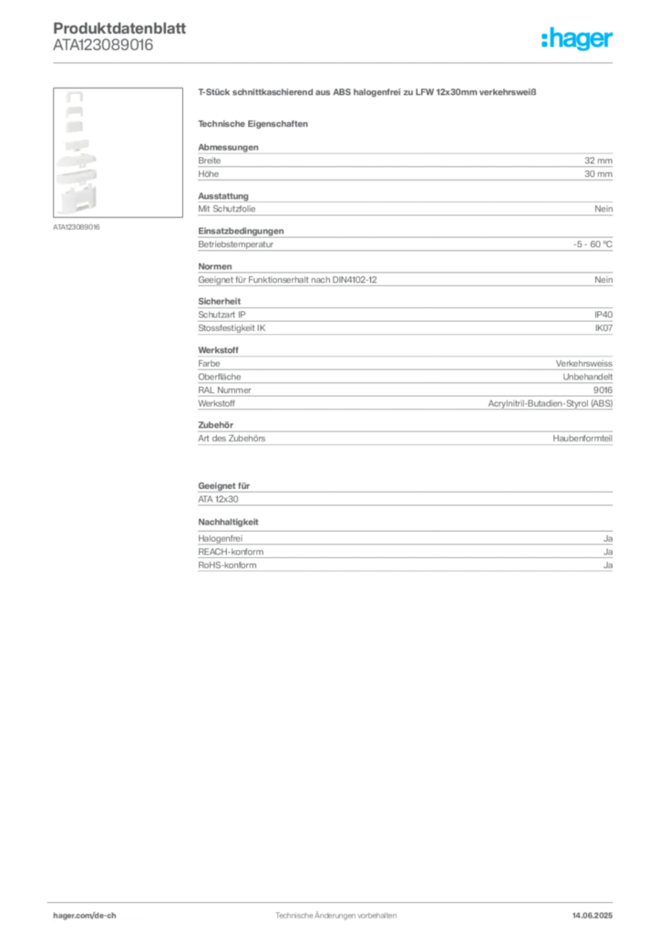 Bild Hager Produktdatenblatt ATA123089016 | Hager Schweiz