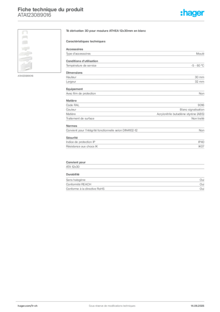 Image Hager Fiche technique du produit ATA123089016 | Hager Suisse
