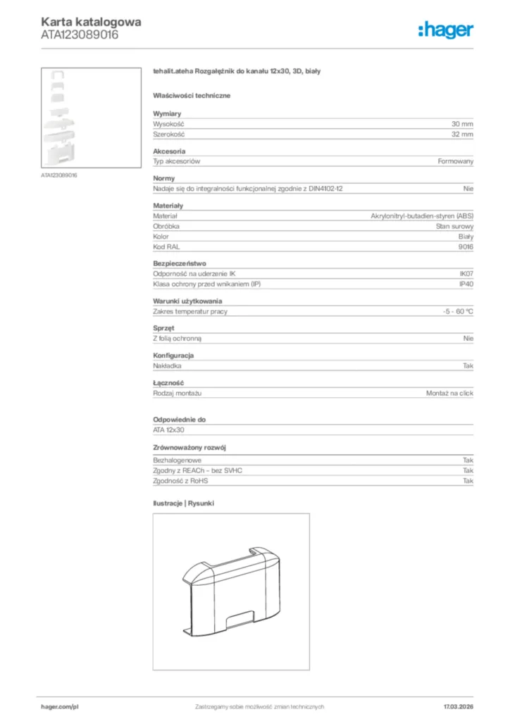 Zdjęcie Hager Karta katalogowa ATA123089016 | Hager Polska