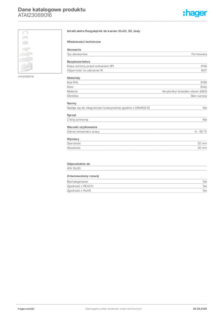 Zdjęcie Hager Dane katalogowe produktu ATA123089016 | Hager Polska