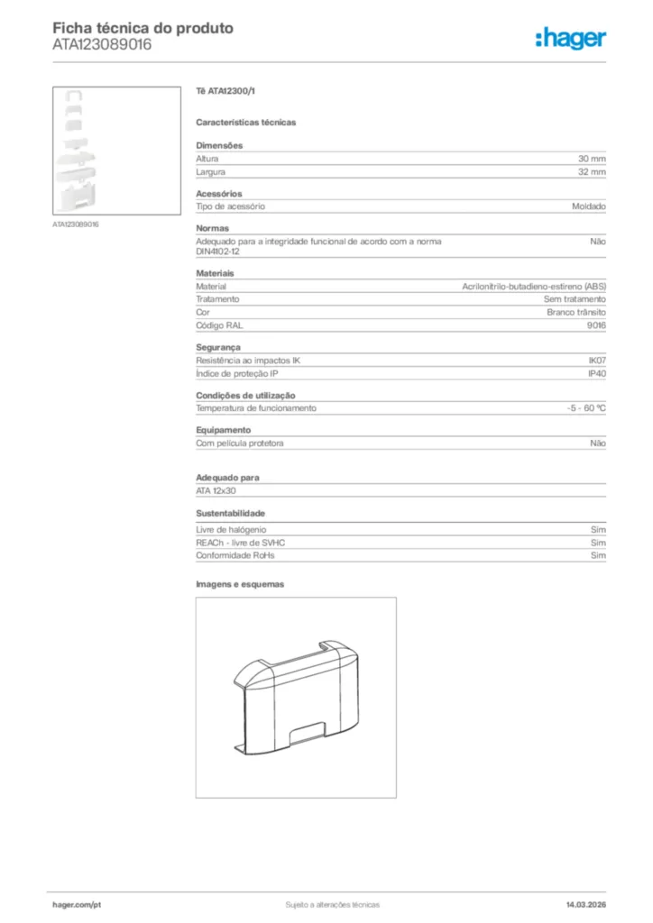 Imagem Hager Ficha técnica do produto ATA123089016 | Hager Portugal
