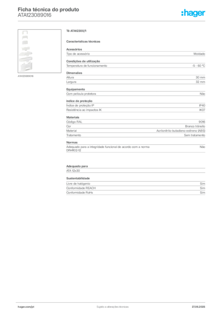 Imagem Hager Ficha técnica do produto ATA123089016 | Hager Portugal