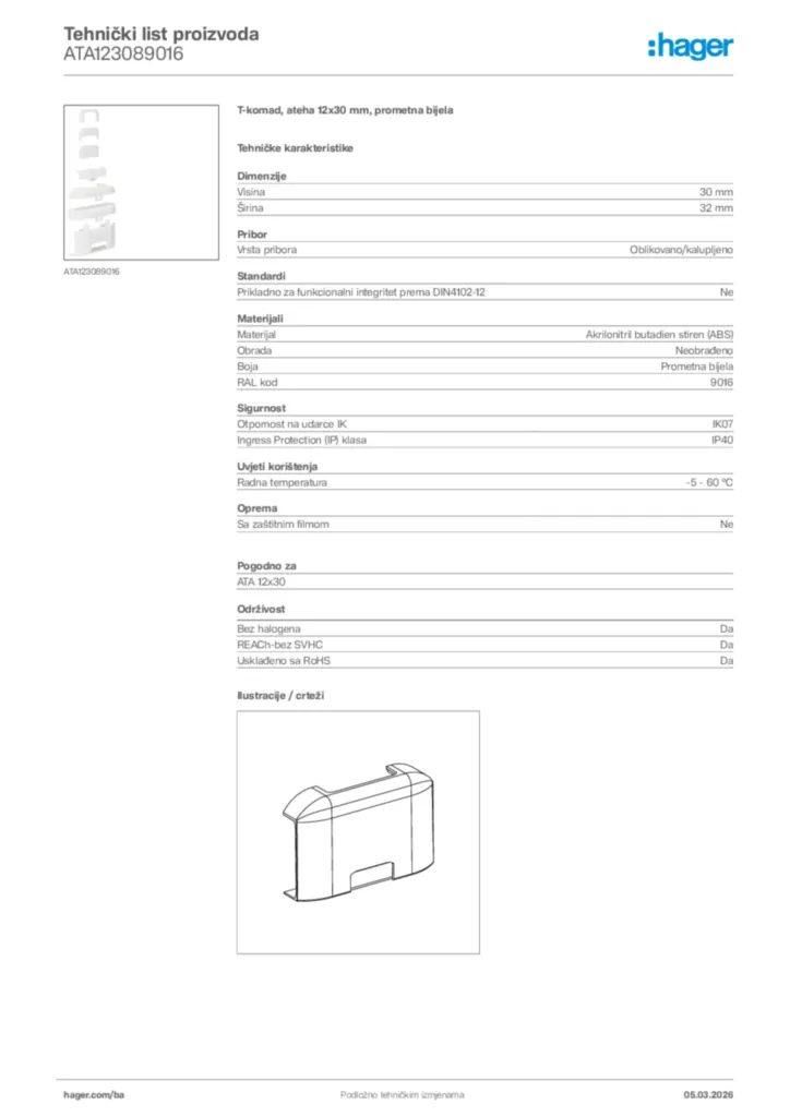 Slika Hager Tehnički list proizvoda ATA123089016  | Hager