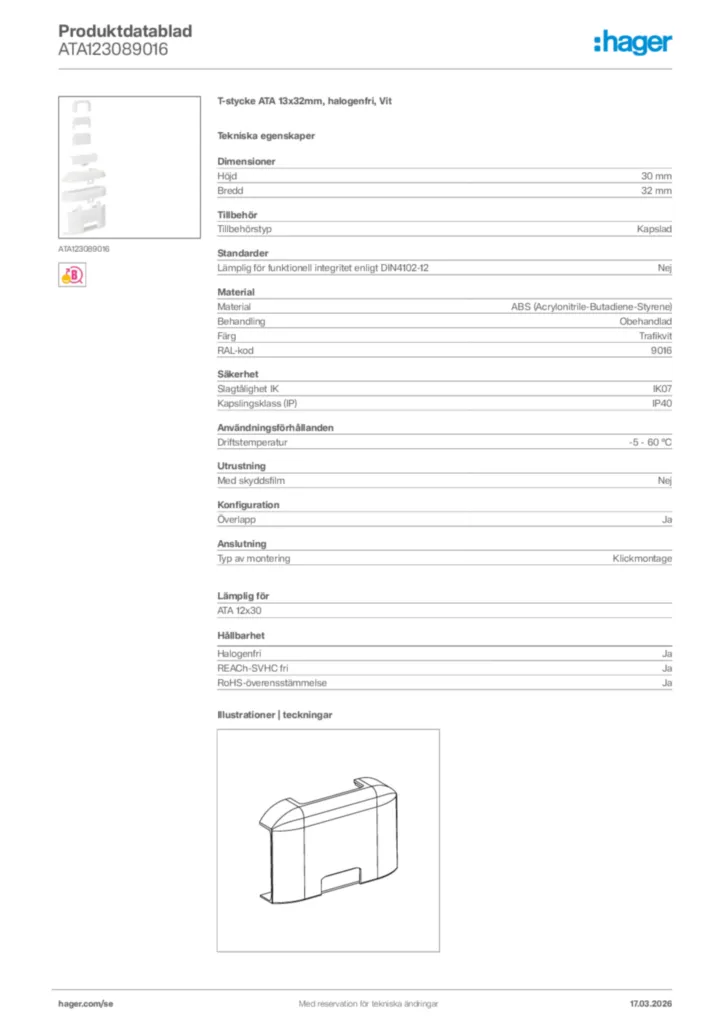 Bild Hager Produktdatablad ATA123089016 | Hager Sverige