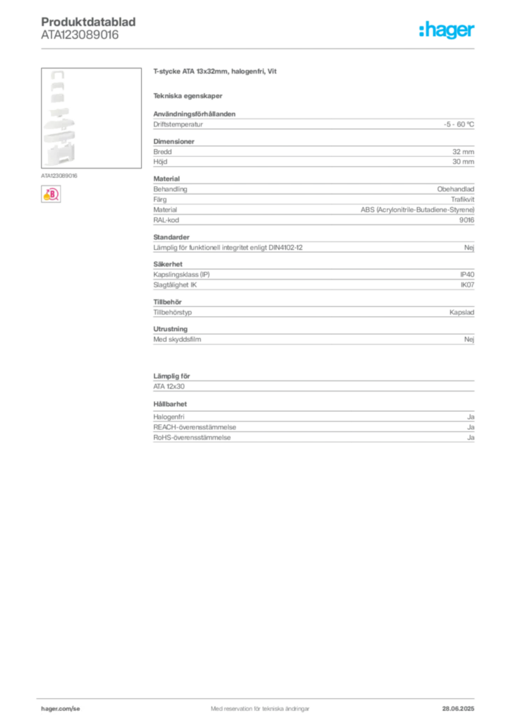 Bild Hager Produktdatablad ATA123089016 | Hager Sverige