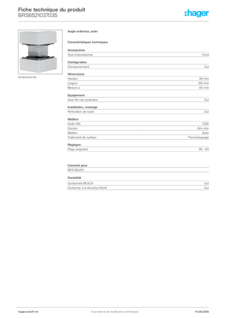 Image Hager Fiche technique du produit BRS6521037035 | Hager Suisse