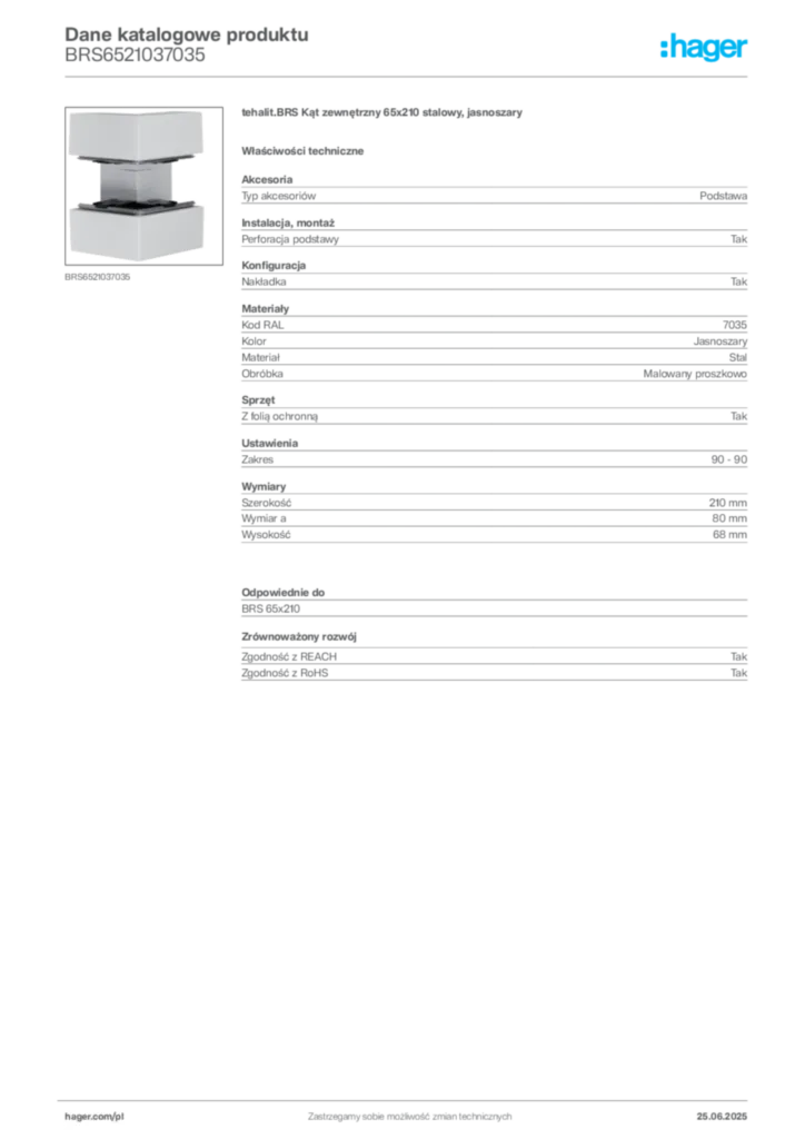 Zdjęcie Hager Dane katalogowe produktu BRS6521037035 | Hager Polska
