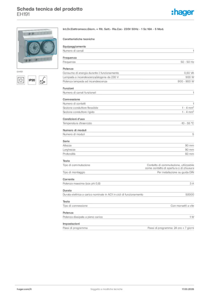 Immagine Hager Scheda tecnica del prodotto EH191 | Hager Italia