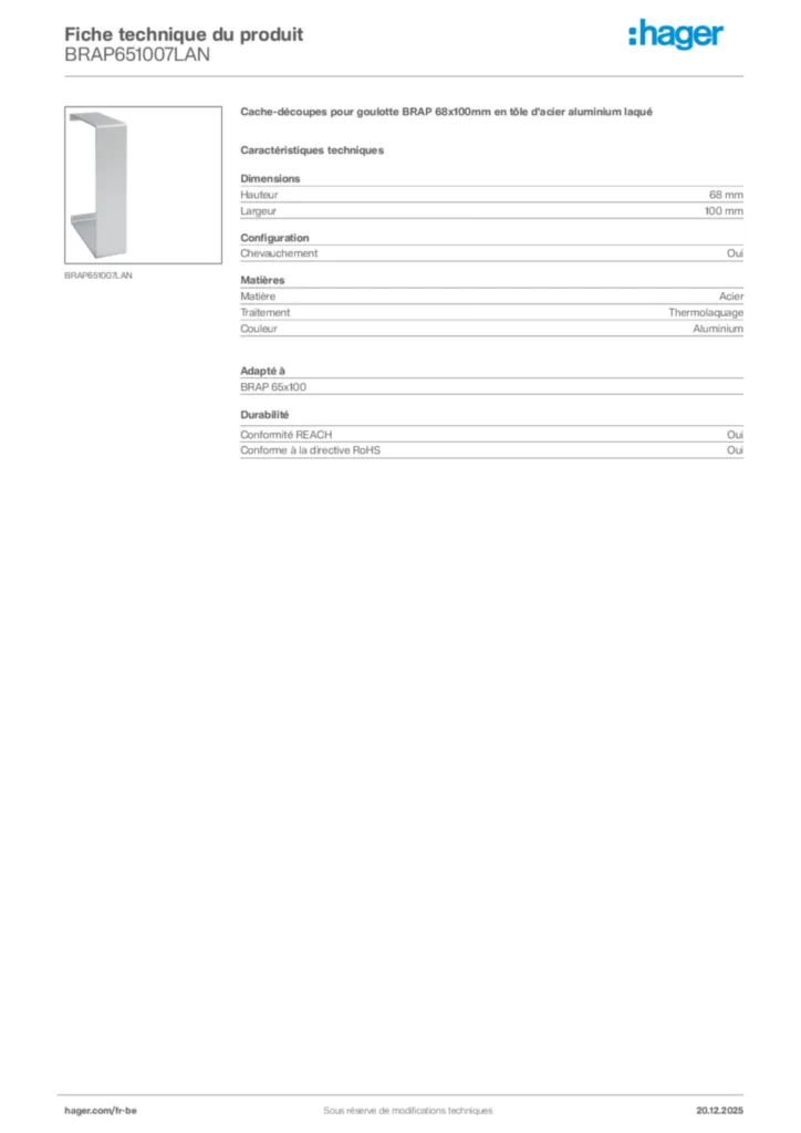 Image Hager Fiche technique du produit BRAP651007LAN | Hager Belgique