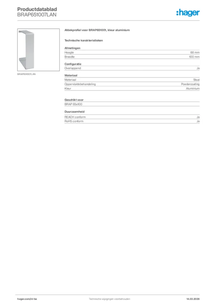 Afbeelding Hager Productdatablad BRAP651007LAN | Hager Belgium