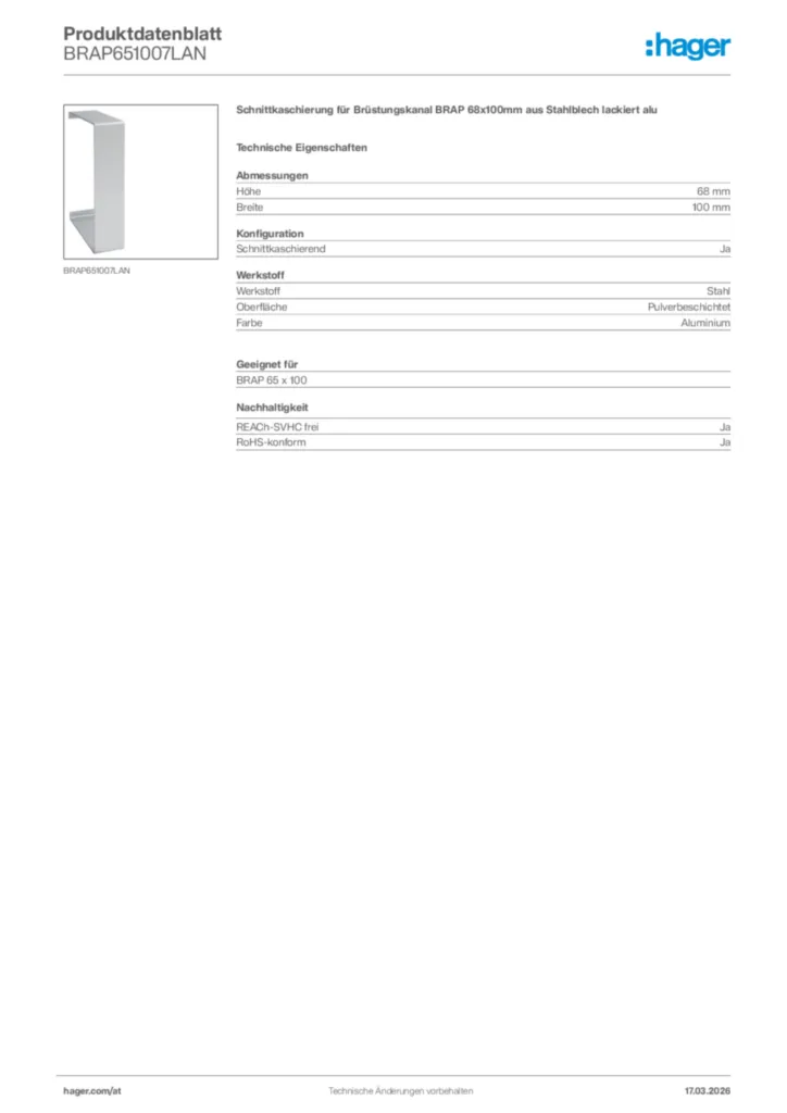 Bild Hager Produktdatenblatt BRAP651007LAN | Hager Deutschland