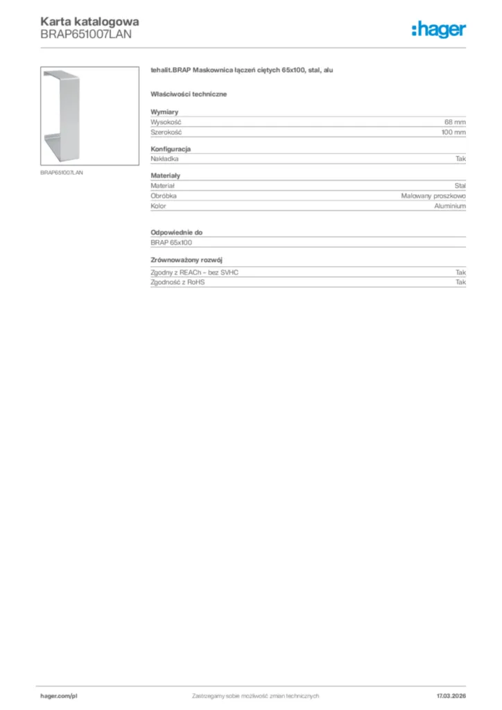 Zdjęcie Hager Karta katalogowa BRAP651007LAN | Hager Polska
