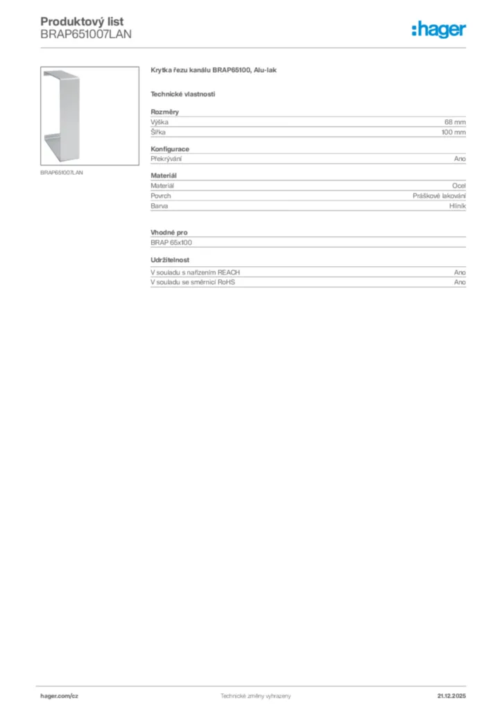 Obrázek Hager Produktový list BRAP651007LAN | Hager