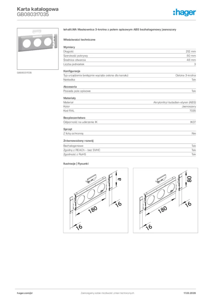 Zdjęcie Hager Karta katalogowa GB080317035 | Hager Polska