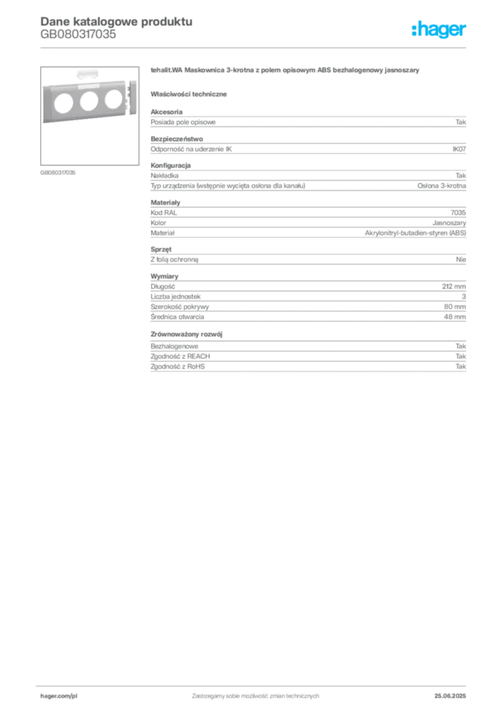 Zdjęcie Hager Dane katalogowe produktu GB080317035 | Hager Polska