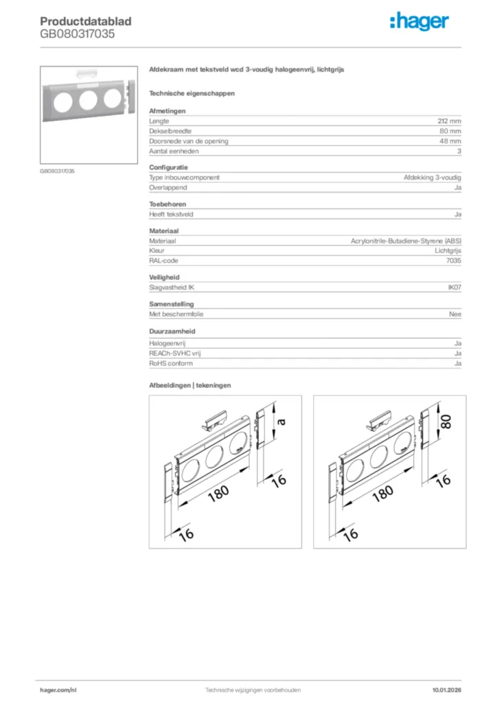 Afbeelding Hager Productdatablad GB080317035 | Hager Nederland