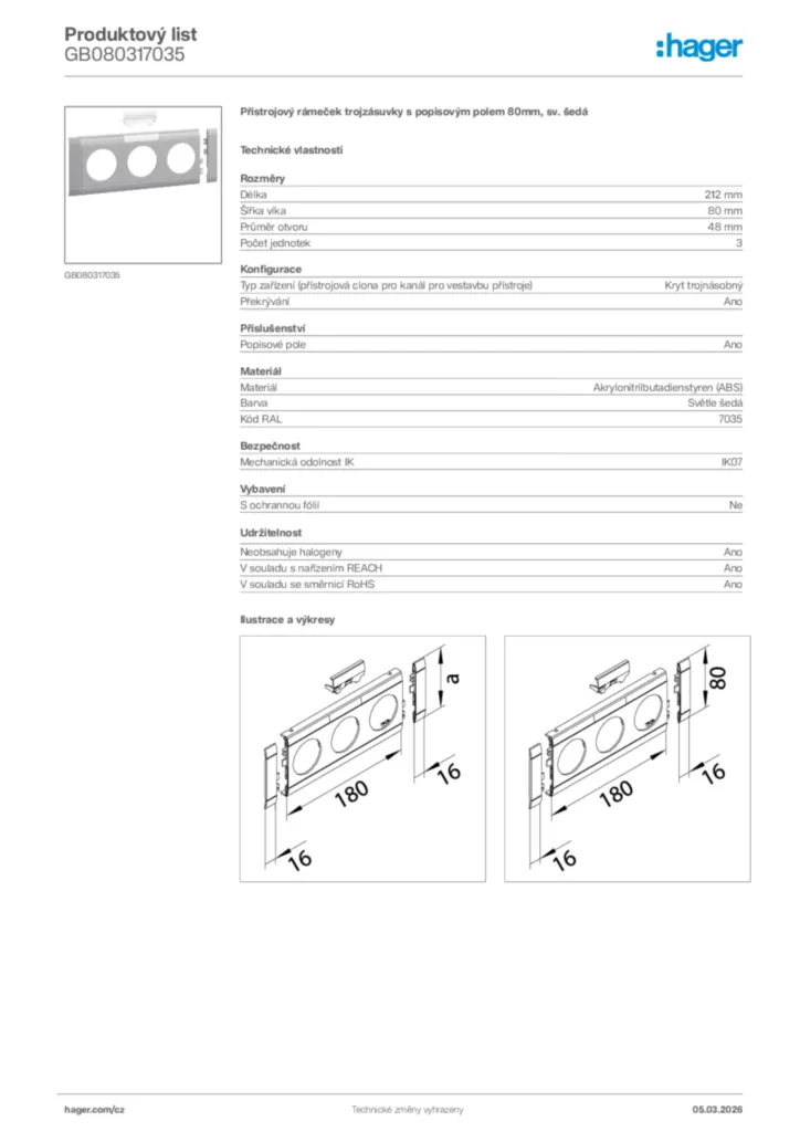 Obrázek Hager Product data sheet GB080317035 | Hager