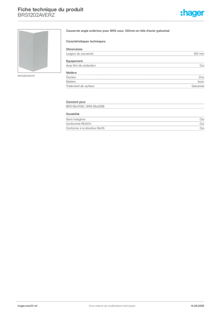 Image Hager Fiche technique du produit BRS1202AVERZ | Hager Suisse
