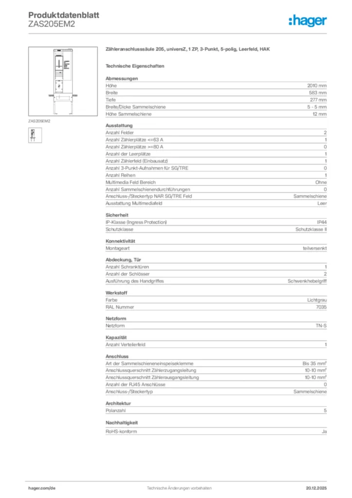 Bild Hager Produktdatenblatt ZAS205EM2 | Hager Deutschland