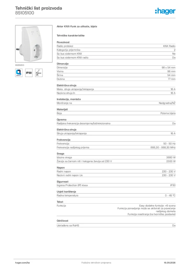 Slika Hager Tehnički list proizvoda 85105100  | Hager