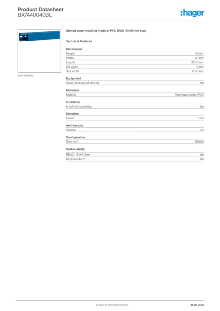 Image Hager Product data sheet BA7A40040BL  | Hager Africa