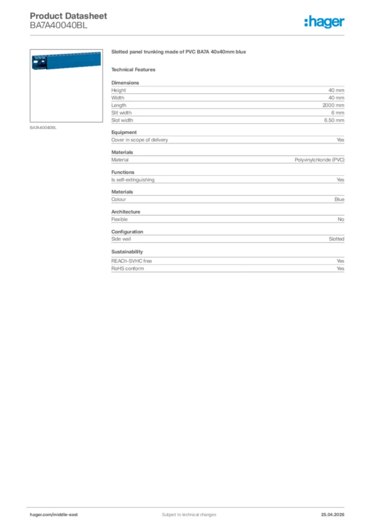 Image Hager Product data sheet BA7A40040BL  | Hager