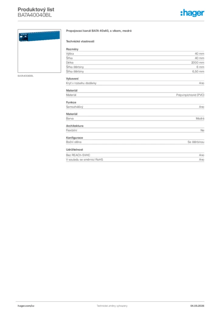 Obrázek Hager Product data sheet BA7A40040BL | Hager