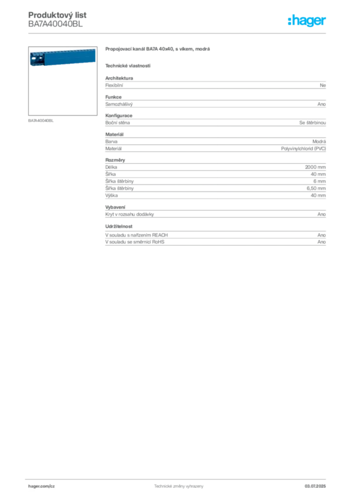Obrázek Hager Produktový list BA7A40040BL | Hager