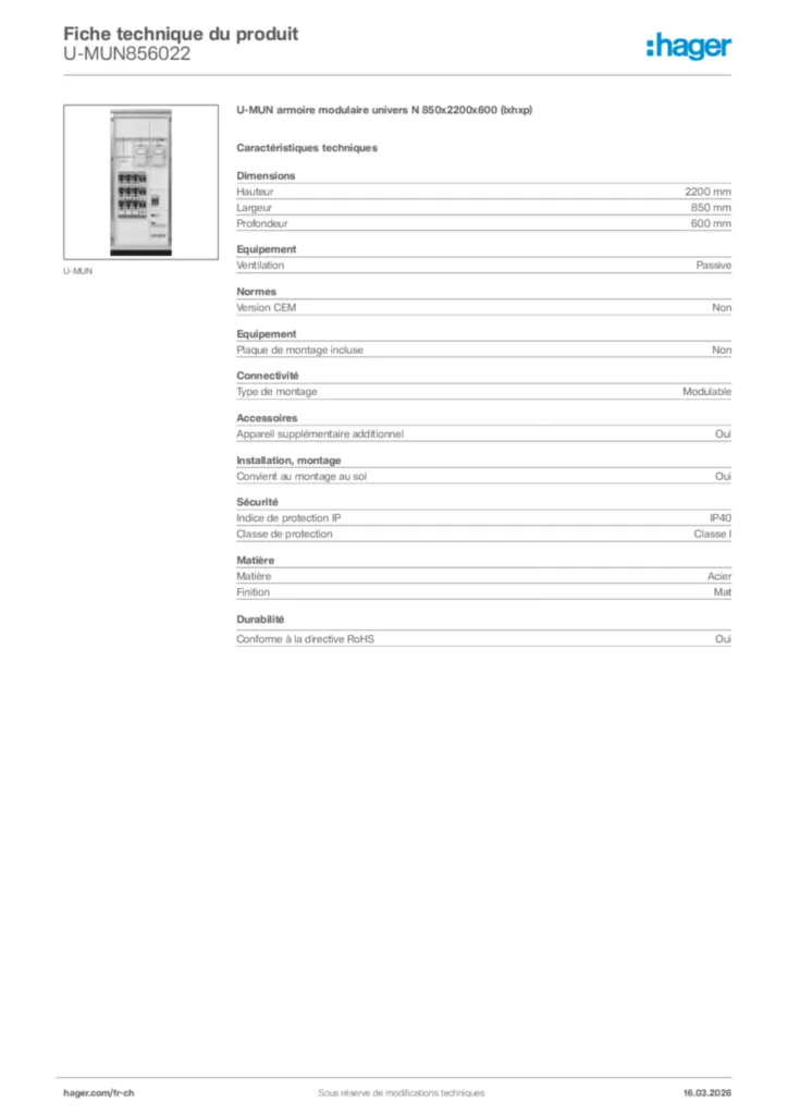 Image Hager Fiche technique du produit U-MUN856022 | Hager Suisse