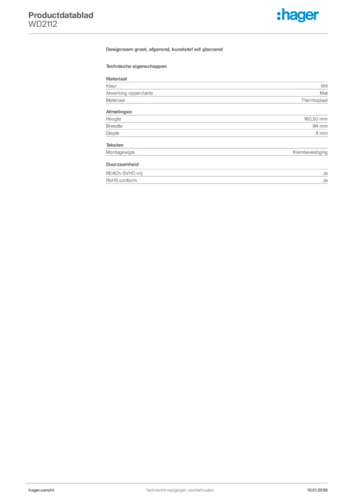 Afbeelding Hager Productdatablad WD2112 | Hager Nederland