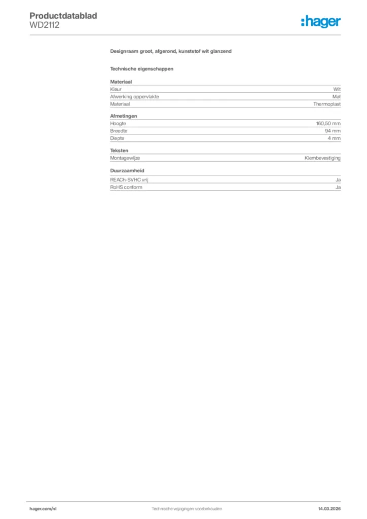 Afbeelding Hager Productdatablad WD2112 | Hager Nederland