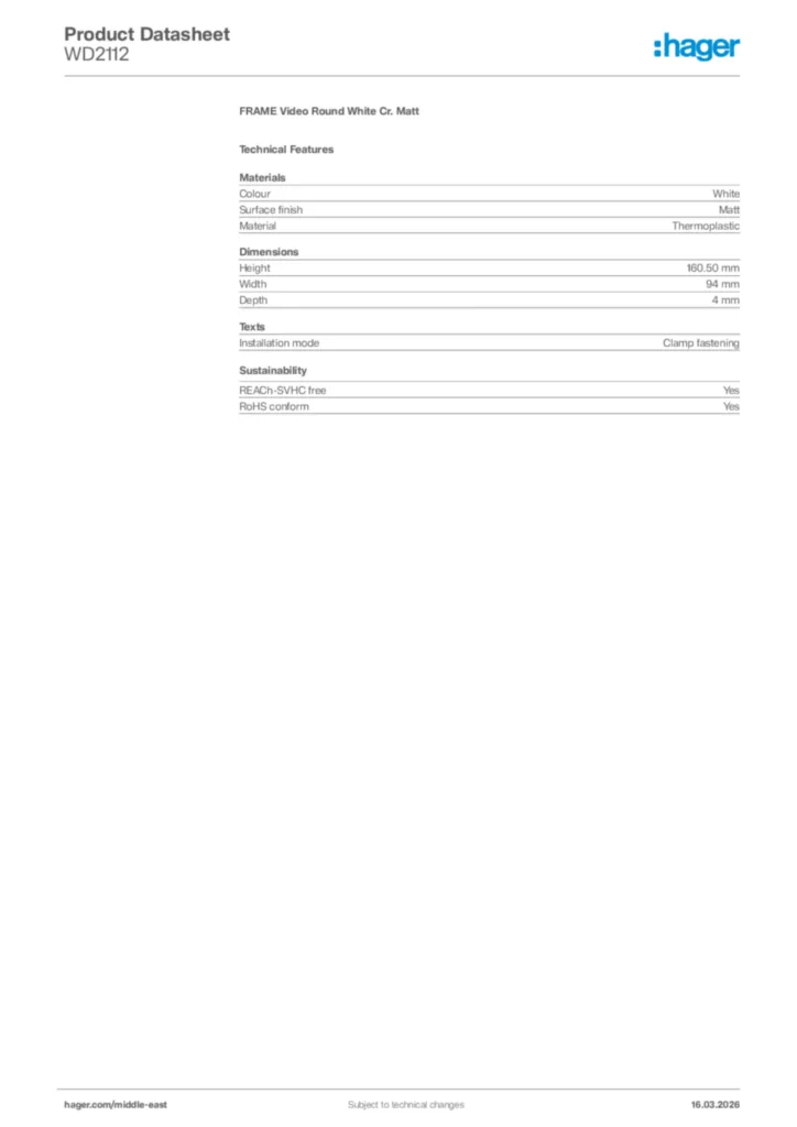 Image Hager Product data sheet WD2112  | Hager