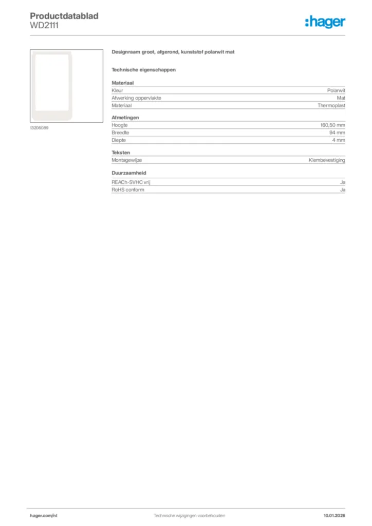 Afbeelding Hager Productdatablad WD2111 | Hager Nederland