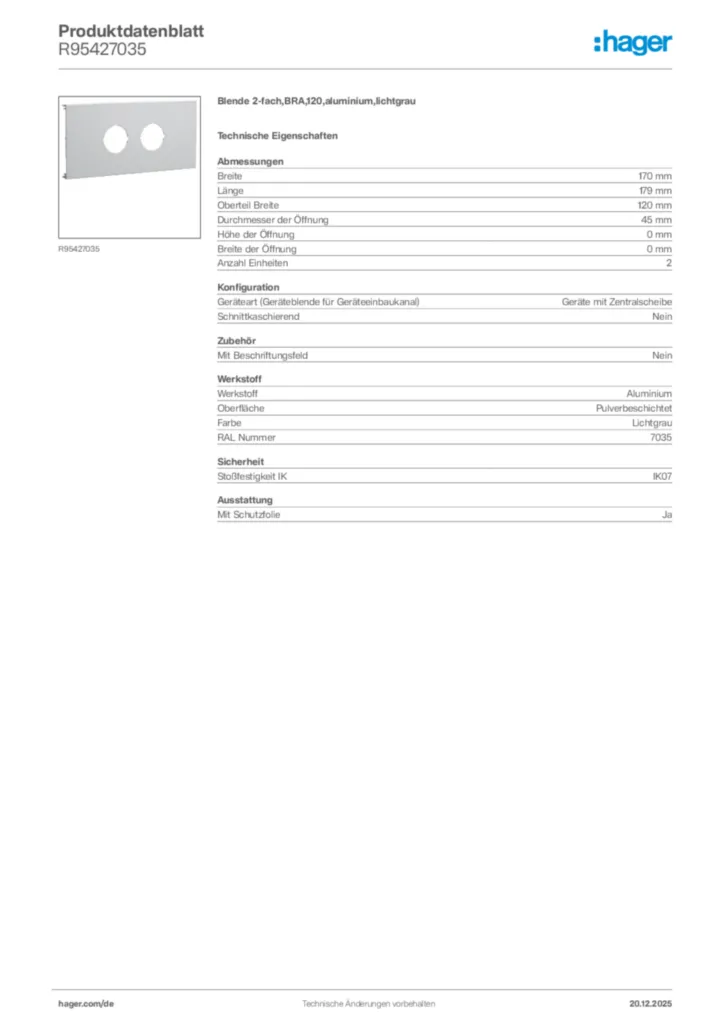 Bild Hager Produktdatenblatt R95427035 | Hager Deutschland