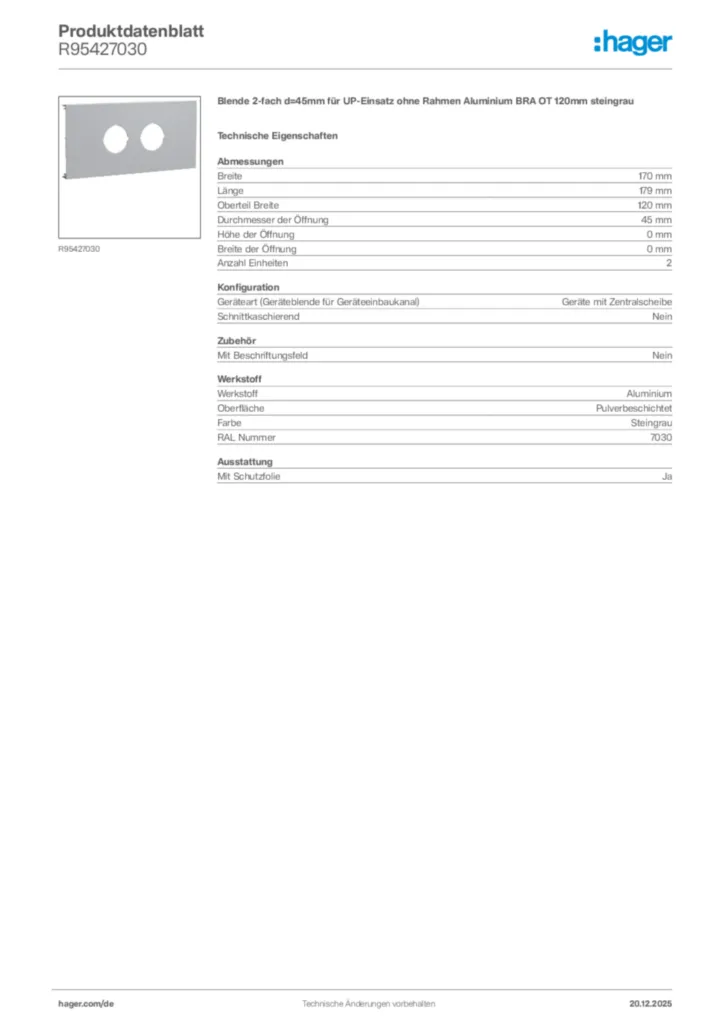 Bild Hager Produktdatenblatt R95427030 | Hager Deutschland