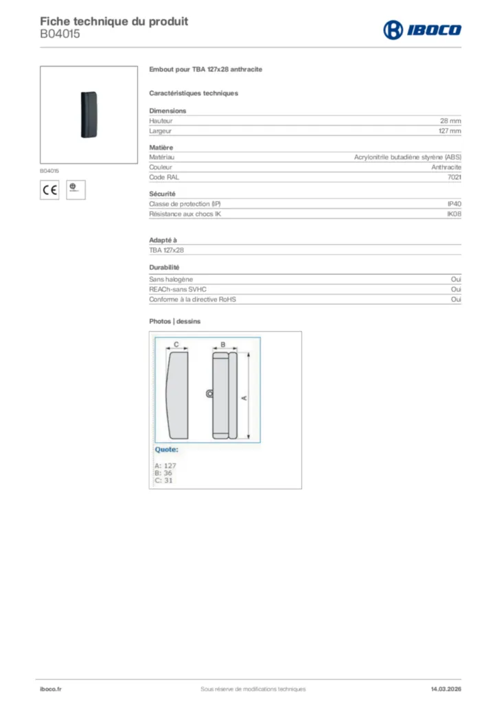 Image Iboco Fiche technique du produit B04015 | Hager France