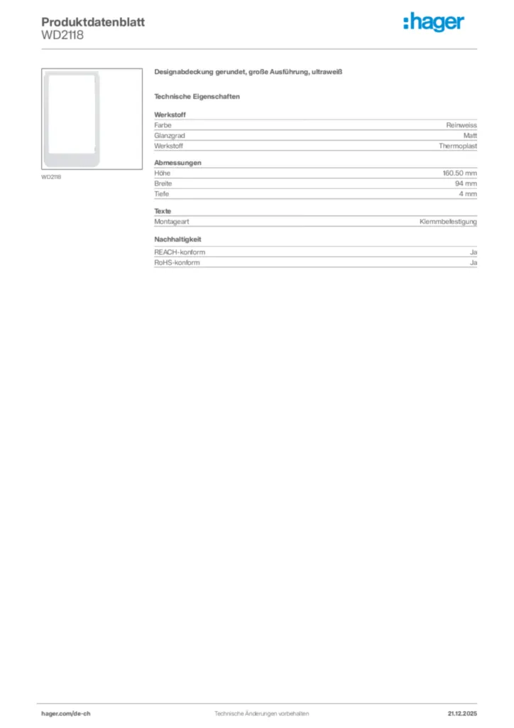 Bild Hager Produktdatenblatt WD2118 | Hager Schweiz
