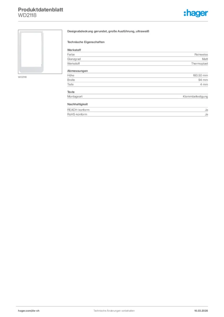 Bild Hager Produktdatenblatt WD2118 | Hager Schweiz