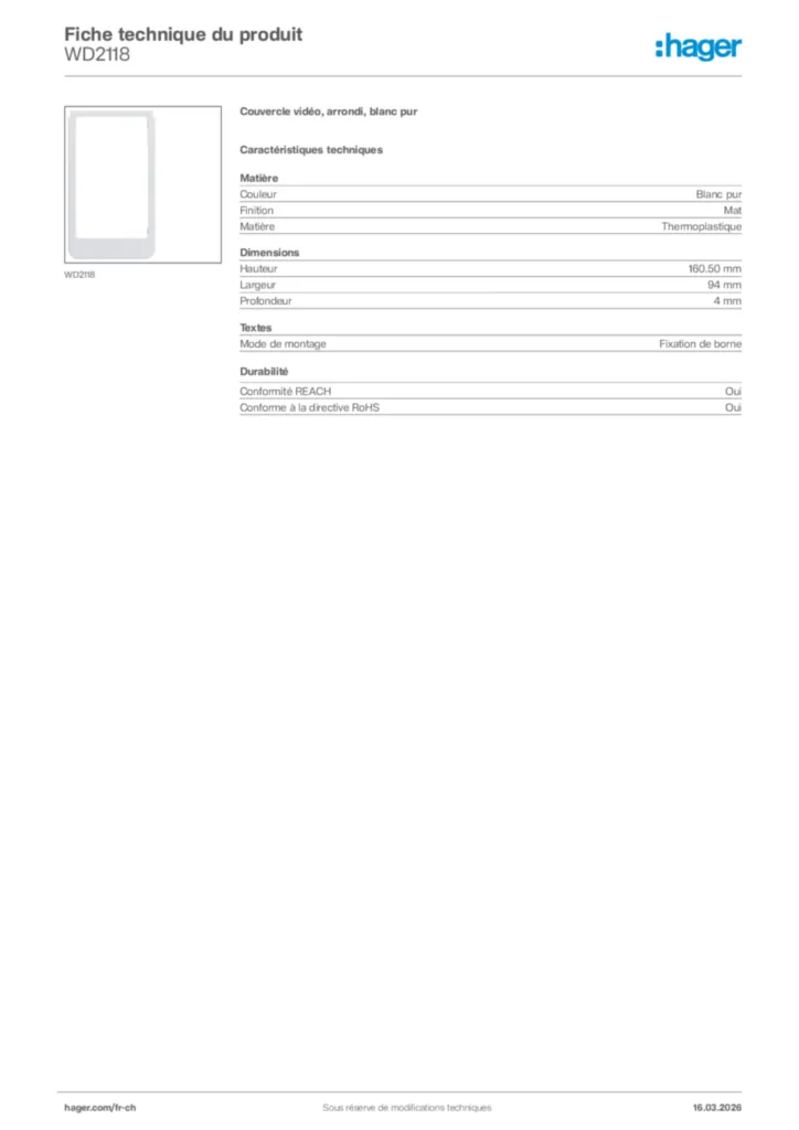 Image Hager Fiche technique du produit WD2118 | Hager Suisse
