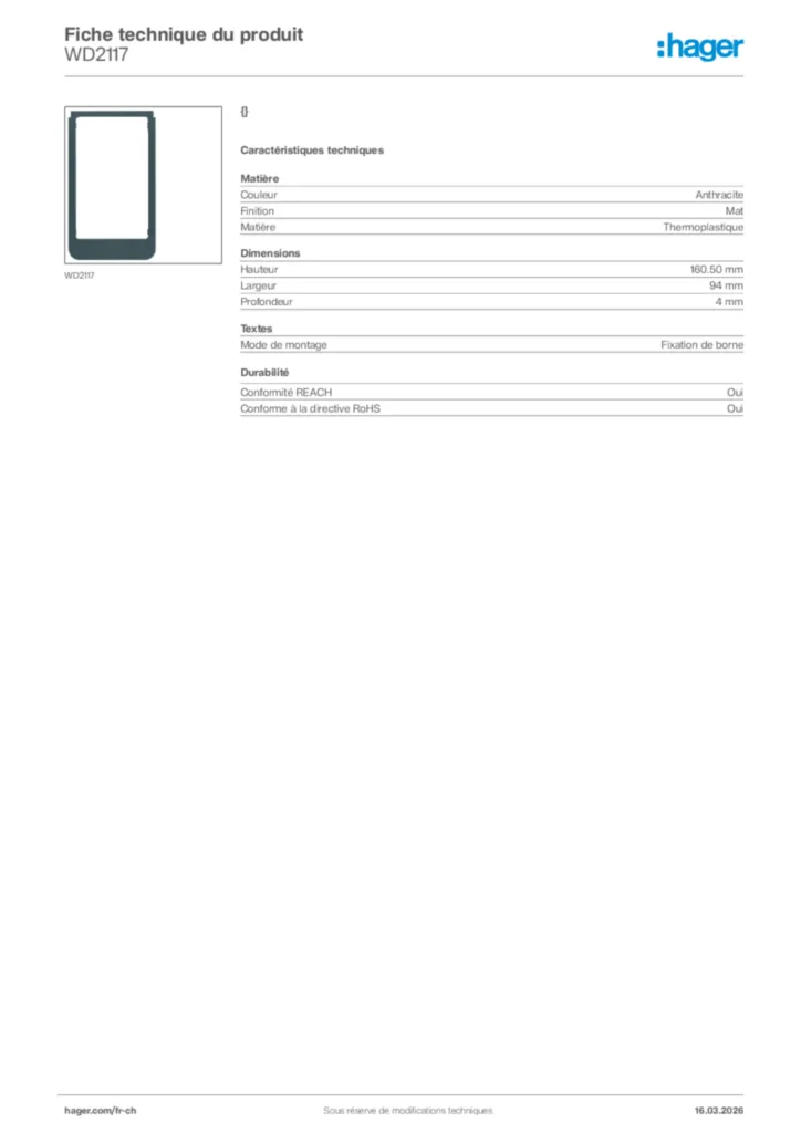 Image Hager Fiche technique du produit WD2117 | Hager Suisse