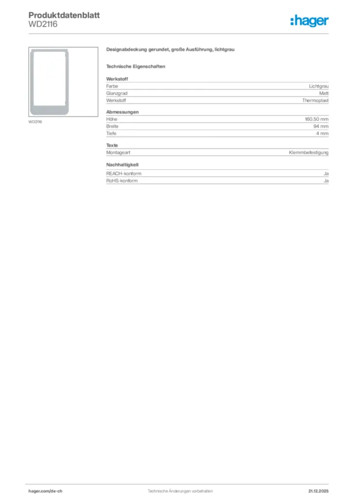 Bild Hager Produktdatenblatt WD2116 | Hager Schweiz