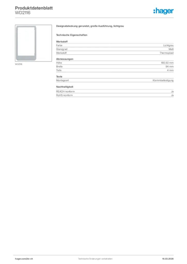 Bild Hager Produktdatenblatt WD2116 | Hager Schweiz