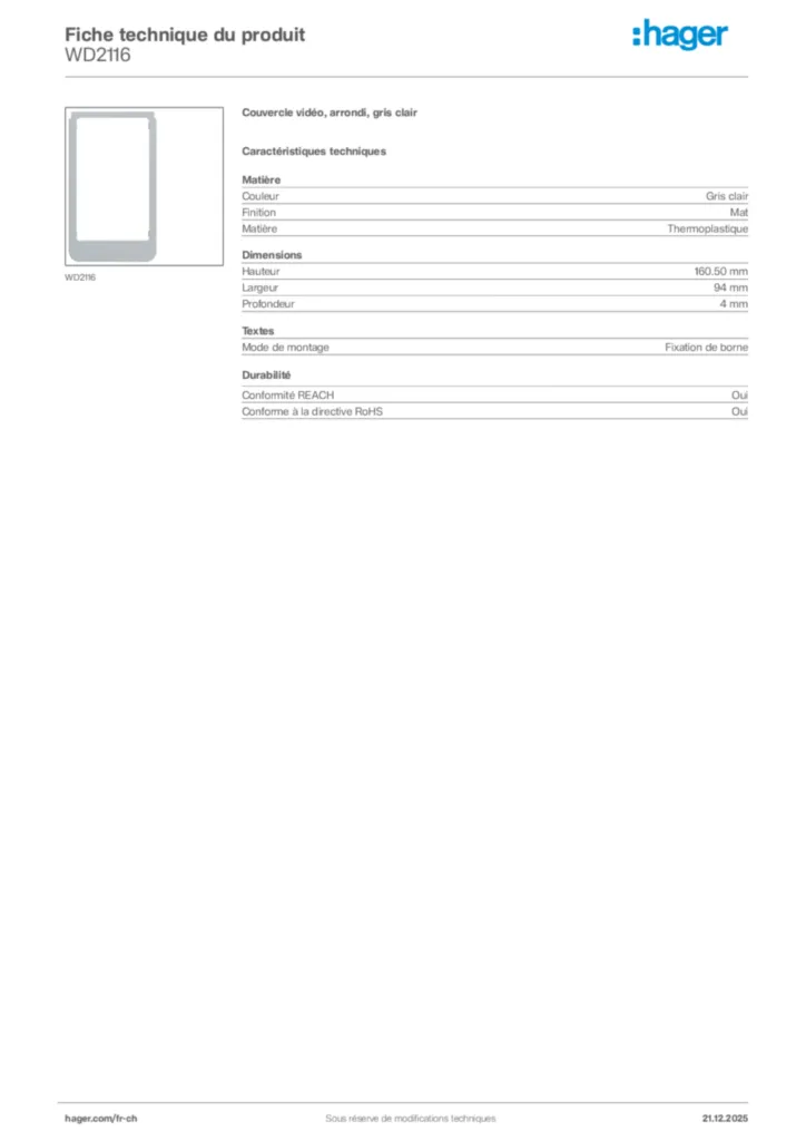 Image Hager Fiche technique du produit WD2116 | Hager Suisse