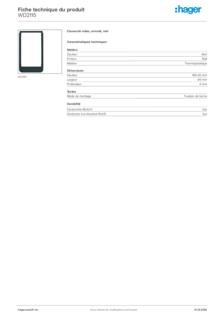 Image Hager Fiche technique du produit WD2115 | Hager Suisse