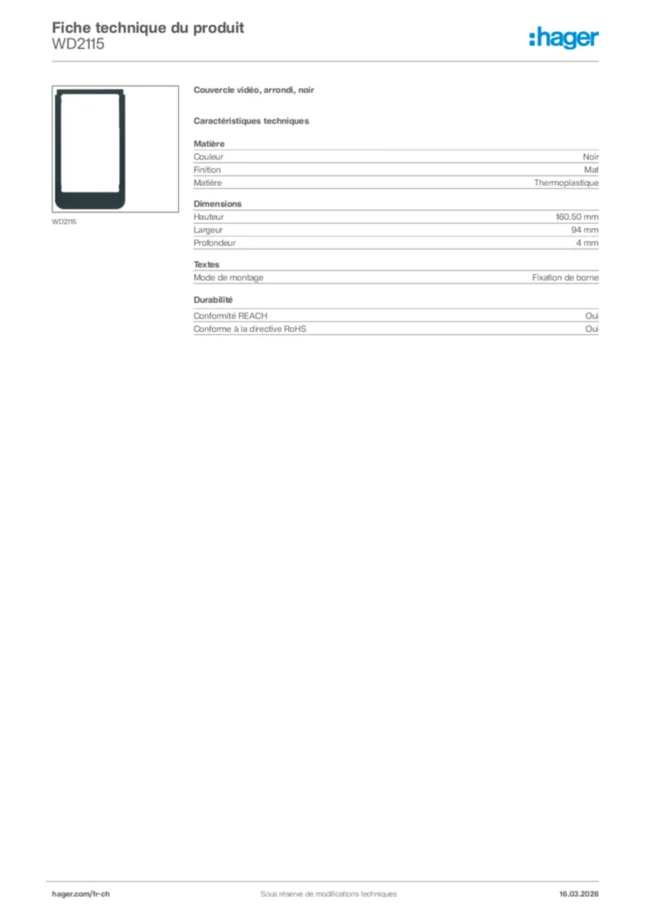 Image Hager Fiche technique du produit WD2115 | Hager Suisse