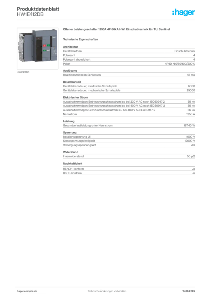 Bild Hager Produktdatenblatt HW1E412DB | Hager Schweiz