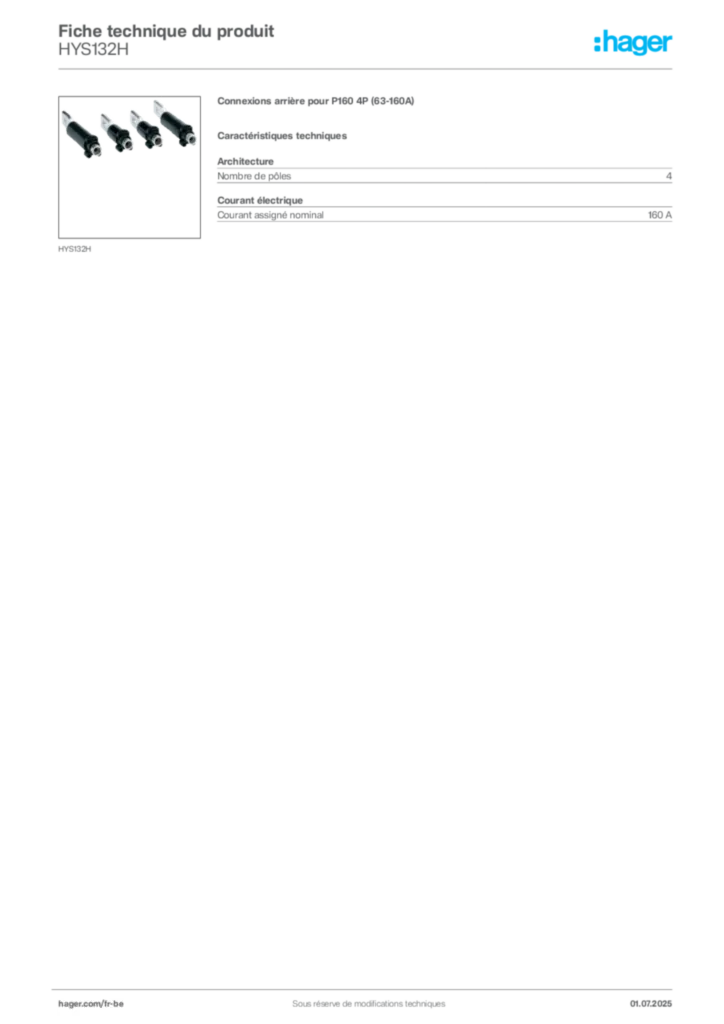 Image Hager Fiche technique du produit HYS132H | Hager Belgique