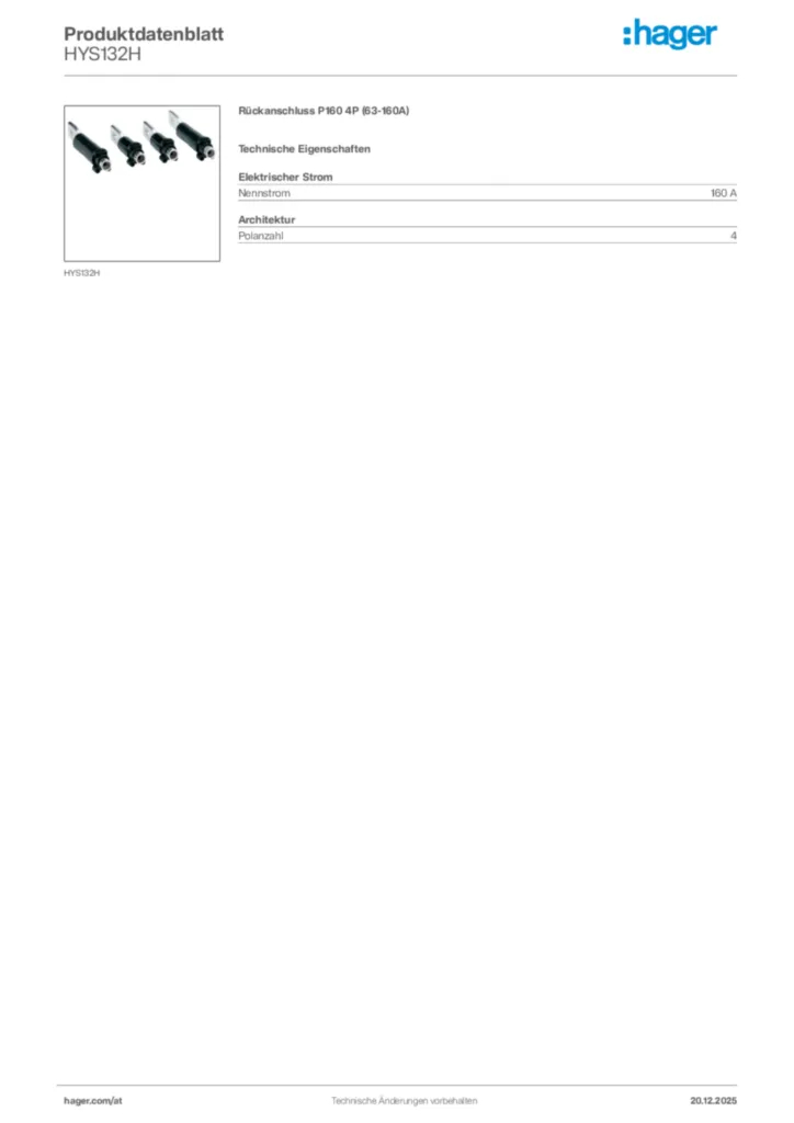 Bild Hager Produktdatenblatt HYS132H | Hager Deutschland