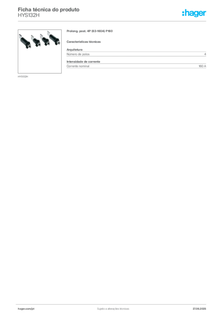 Imagem Hager Ficha técnica do produto HYS132H | Hager Portugal